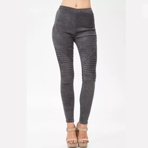 Gray Faux Suede Moto Stretch Casual Leggings - Picture 5 of 8